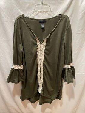 Karen Brooks Olive Crochet-Trim V-Neck Tunic